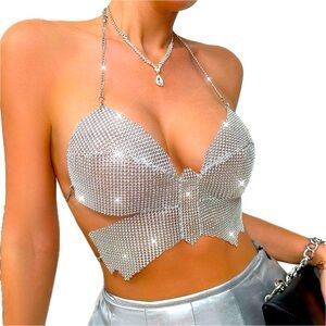 Women Rhinestones Butterfly Halterneck Backless Camisole Body Chain Crop Top